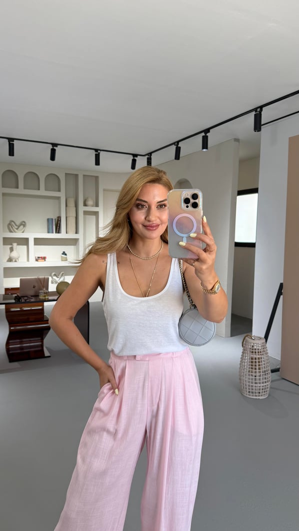 Özel Seri Havuz Yaka Ekru Pamuklu Keten Bluz