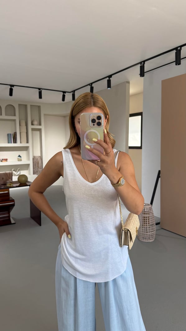 Özel Seri Ön Arka V Yaka Ekru Pamuklu Keten Bluz