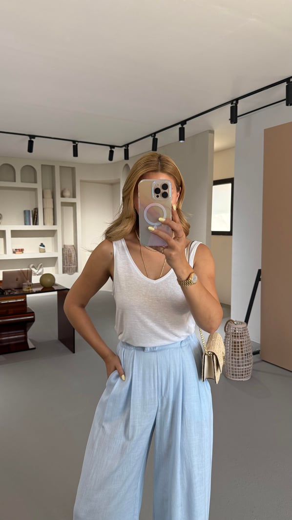 Özel Seri Ön Arka V Yaka Ekru Pamuklu Keten Bluz