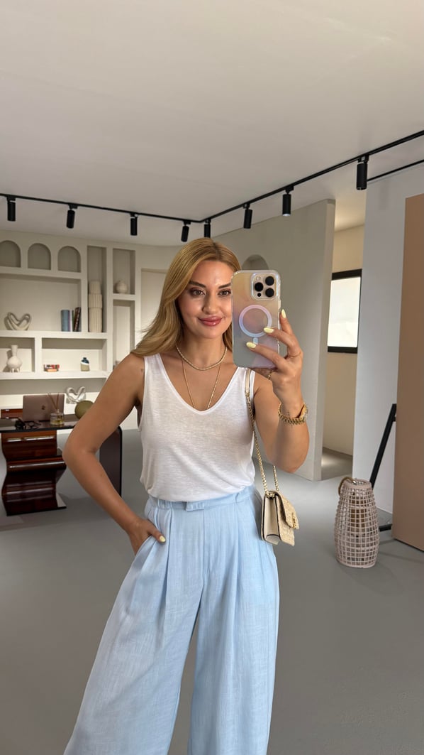 Özel Seri Ön Arka V Yaka Ekru Pamuklu Keten Bluz