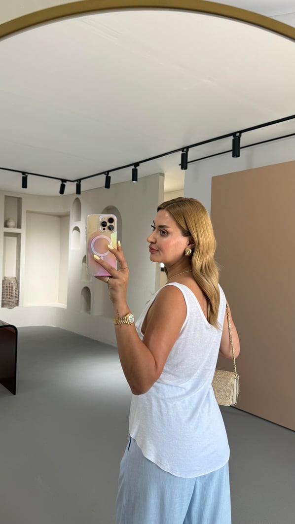 Özel Seri Ön Arka V Yaka Ekru Pamuklu Keten Bluz