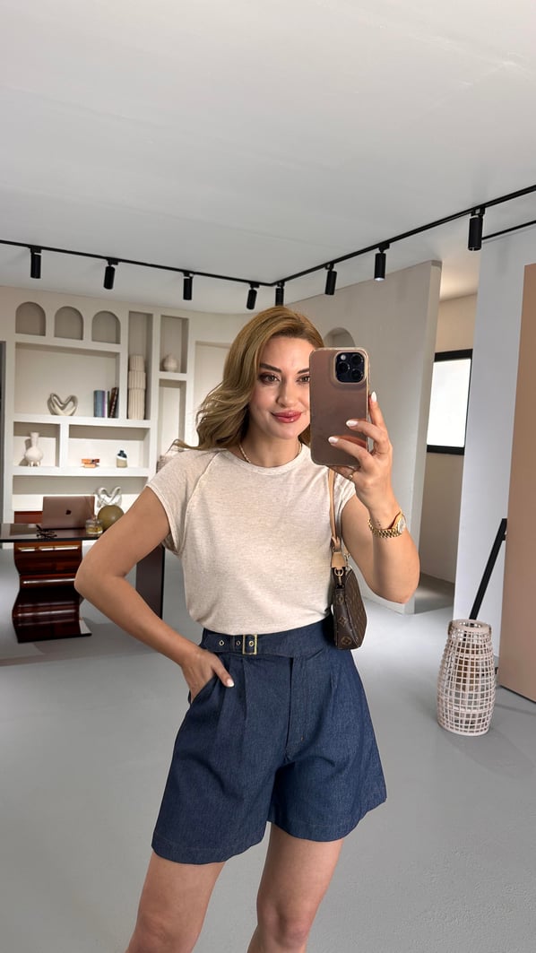 Özel Seri Ters Dikişli T Kol Pamuklu Keten Natural Tshirt