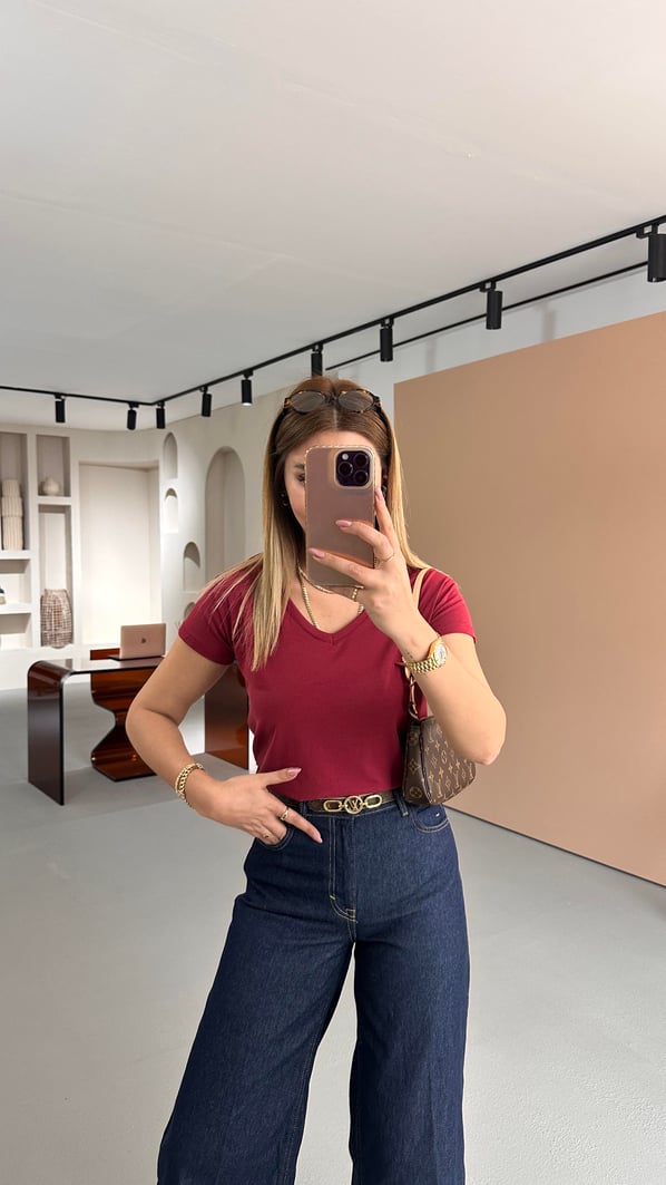 Özel Seri V Yaka Bordo Basic Pamuklu Modal Tshirt