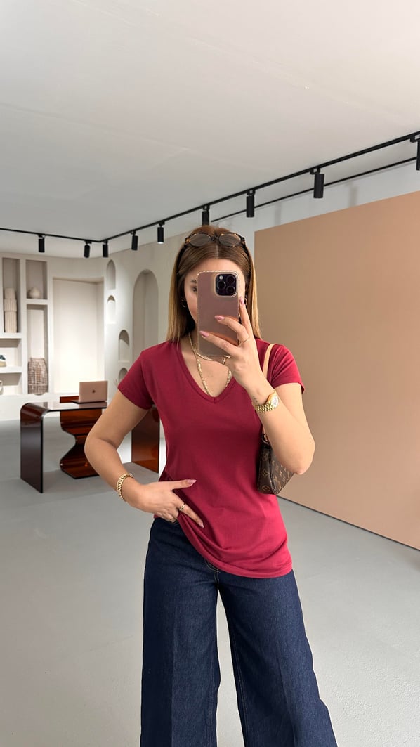 Özel Seri V Yaka Bordo Basic Pamuklu Modal Tshirt