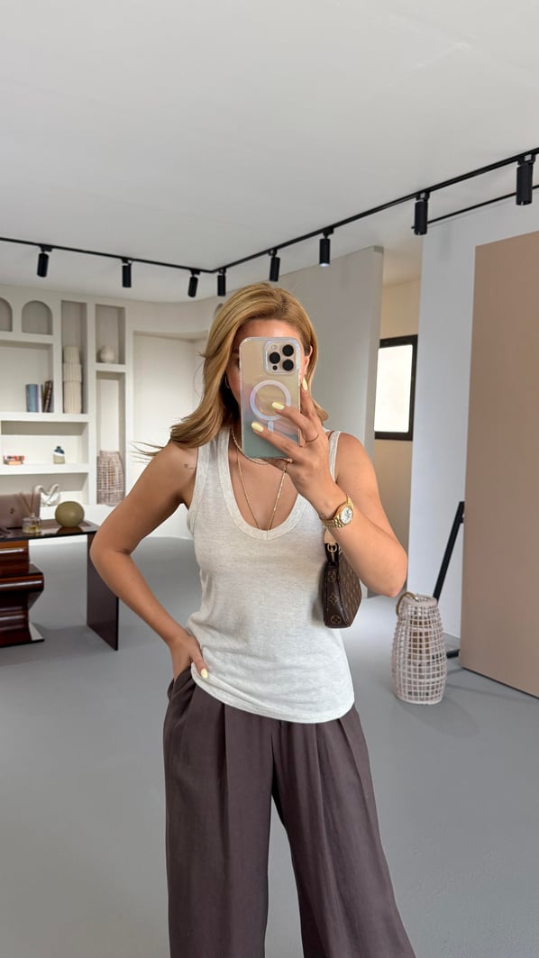 Özel Seri V Yaka Natural Pamuklu Keten Bluz