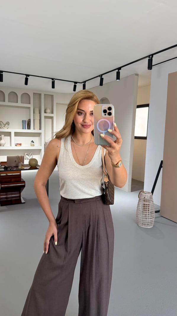 Özel Seri V Yaka Natural Pamuklu Keten Bluz