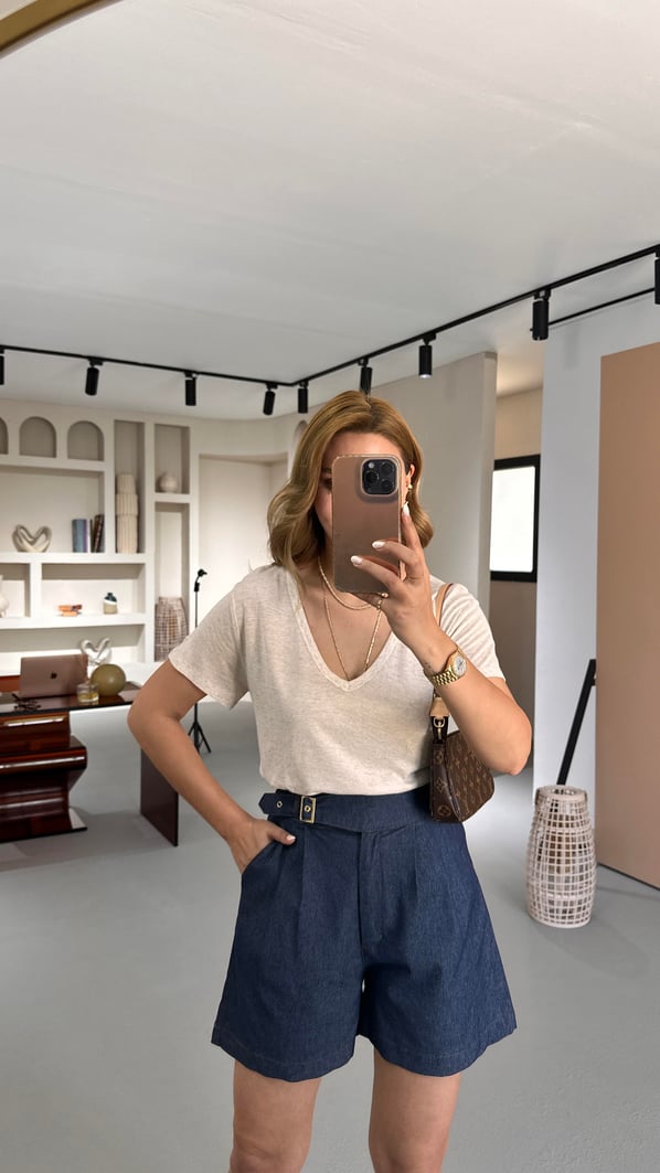 Özel Seri V Yaka Pamuklu Keten Taş Tshirt