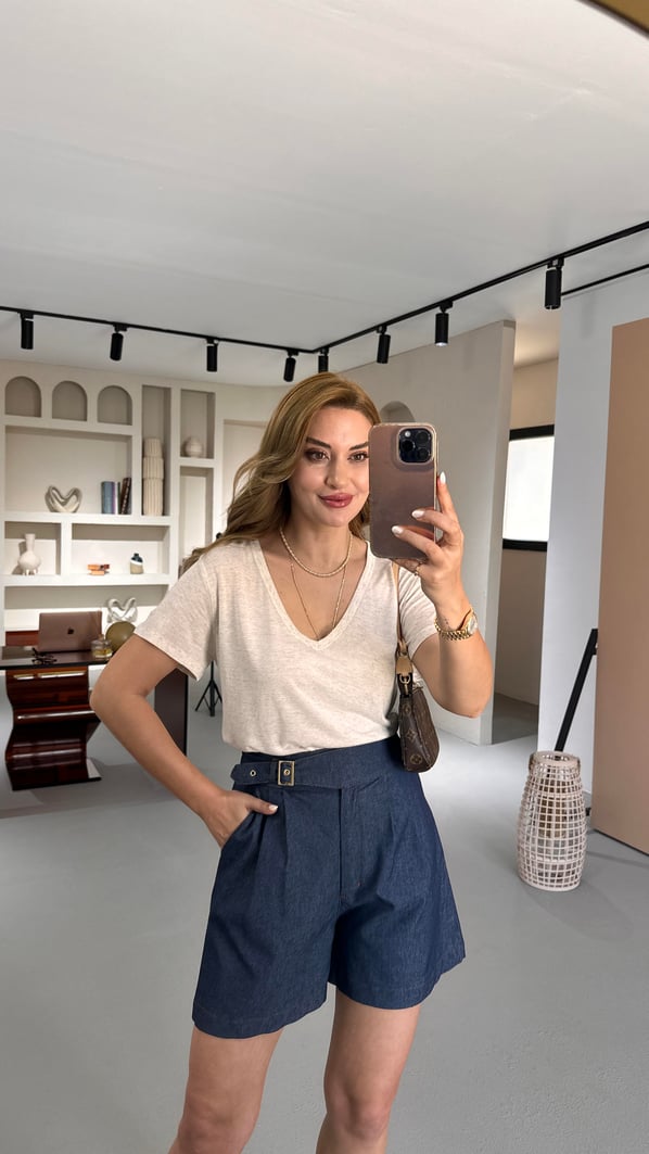 Özel Seri V Yaka Pamuklu Keten Natural Tshirt