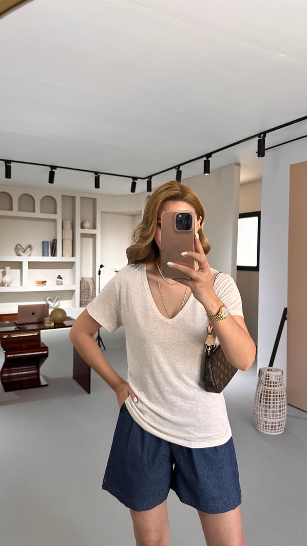 Özel Seri V Yaka Pamuklu Keten Taş Tshirt