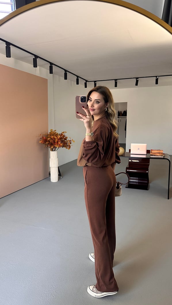 Paraşüt Detay Sweat Pantolon Kahve  Modal Takım