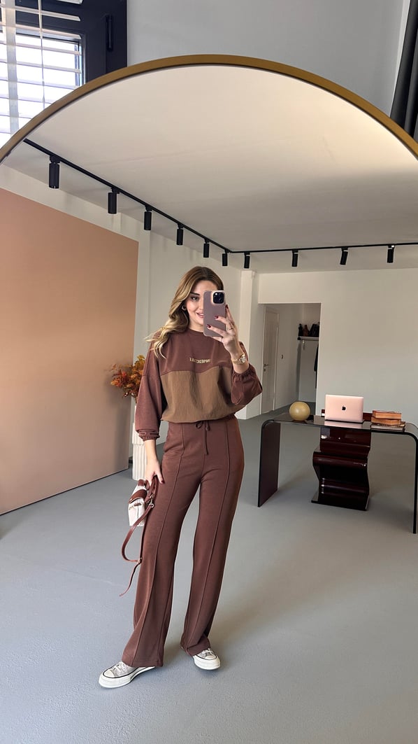 Paraşüt Detay Sweat Pantolon Kahve  Modal Takım