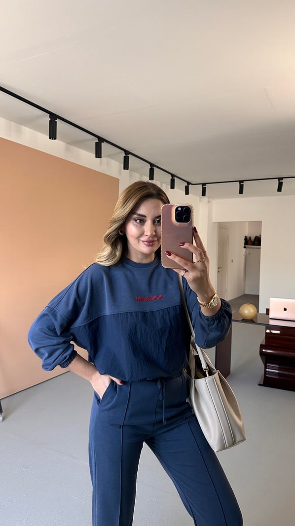 Paraşüt Detay Sweat Pantolon Lacivert Modal Takım