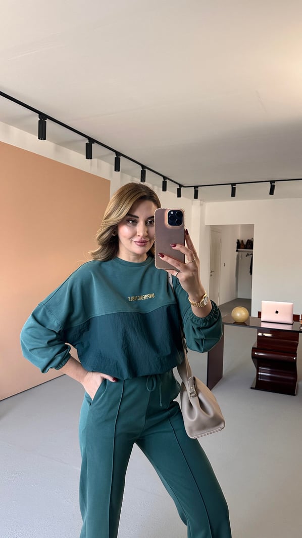 Paraşüt Detay Sweat Pantolon Petrol Modal Takım