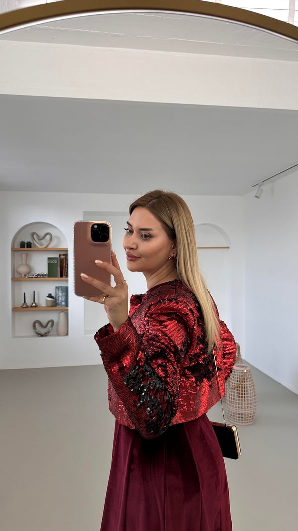 Pat Düğme Detay Payetli Bordo Kısa Ceket