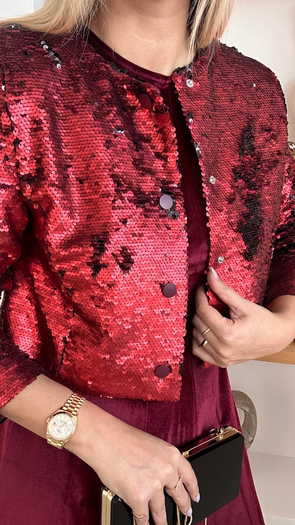 Pat Düğme Detay Payetli Bordo Kısa Ceket