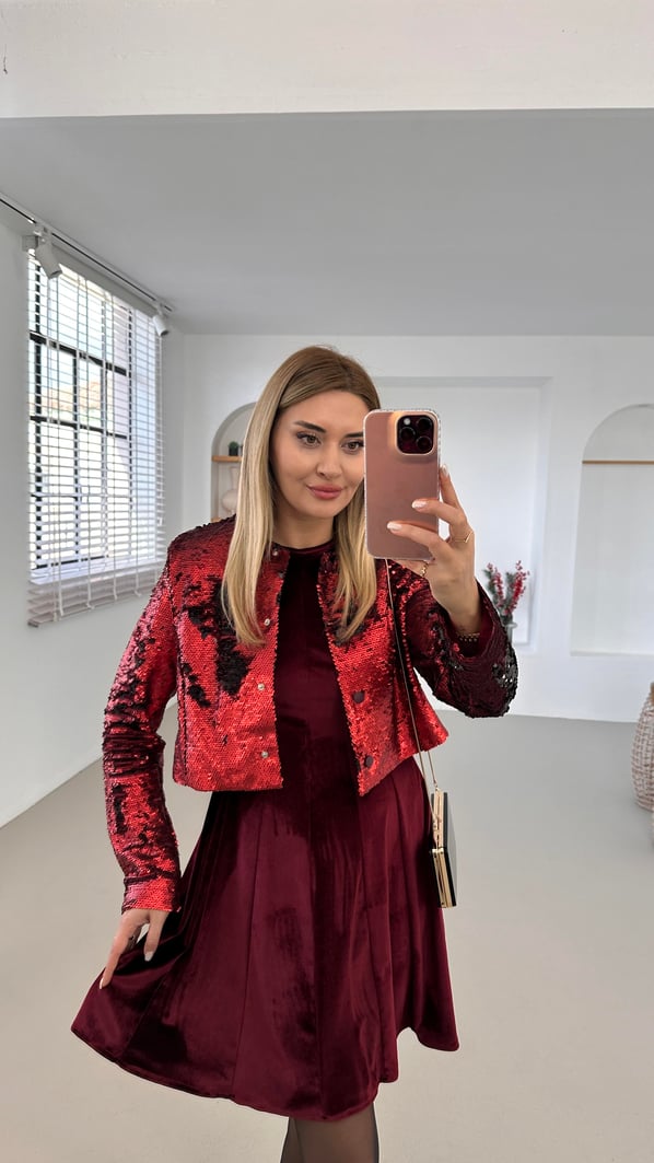 Pat Düğme Detay Payetli Bordo Kısa Ceket