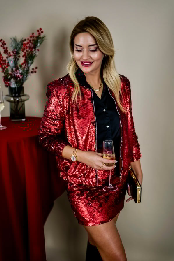 Payetli Bordo Bomber Ceket