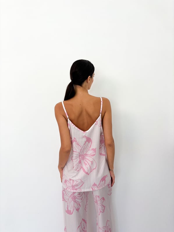 Pembe Çiçek Desen Ayarlanabilir Askı Pamuklu Atlet