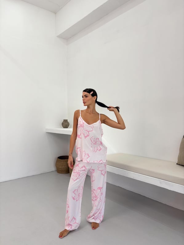 Pembe Çiçek Desen Ayarlanabilir Askı Pamuklu Atlet