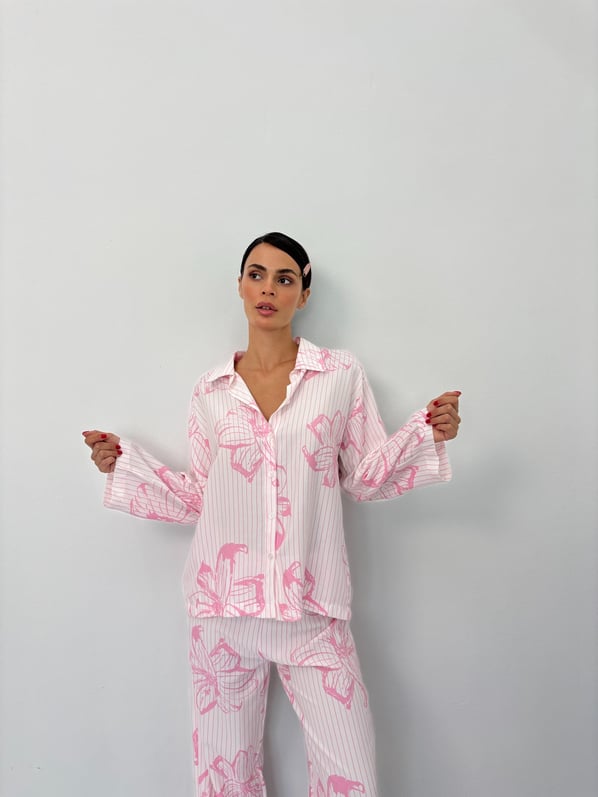 Pembe Çiçek Desen Pamuklu Gömlek Pijama Takım
