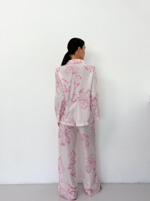 Pembe Çiçek Desen Pamuklu Gömlek Pijama Takım