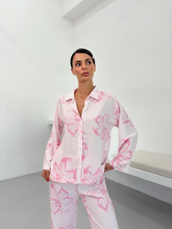 Pembe Çiçek Desen Pamuklu Gömlek Pijama Takım