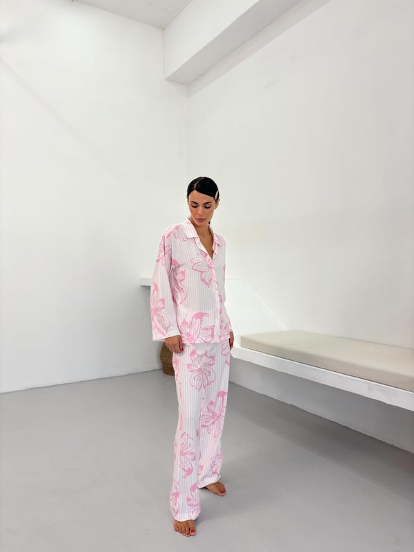 Pembe Çiçek Desen Pamuklu Gömlek Pijama Takım