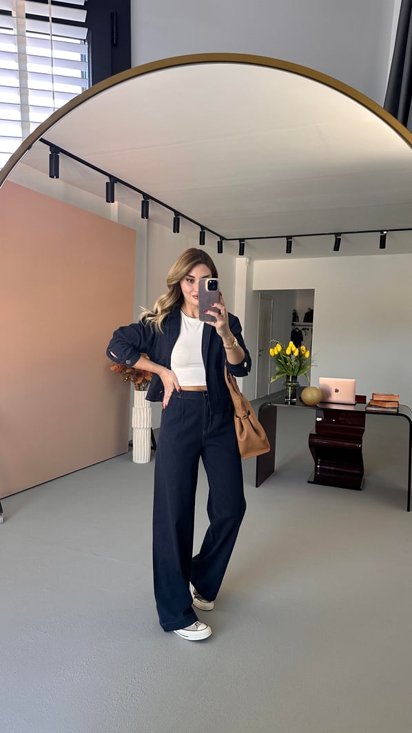 Piliseli Lacivert Likralı Denim Palazzo Pantolon
