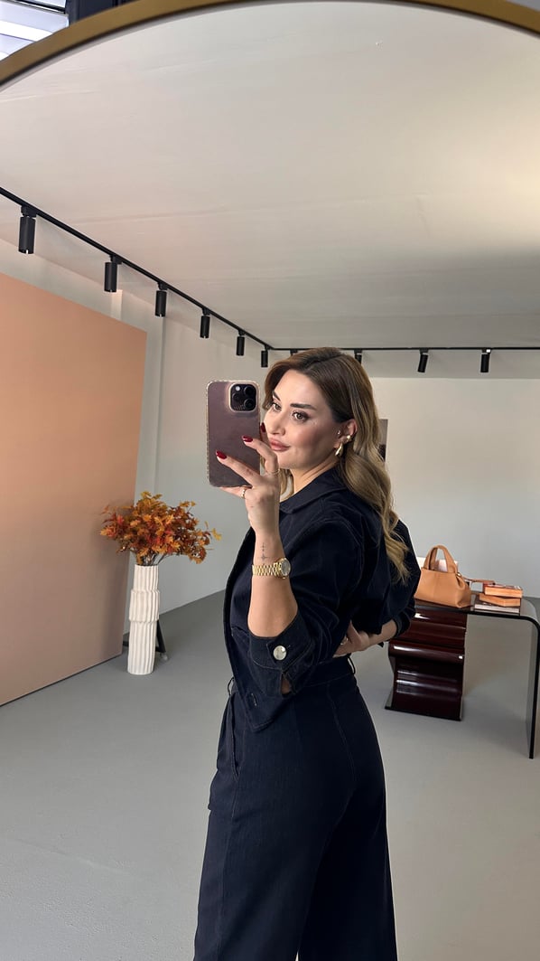 Piliseli Lacivert Likralı Denim Palazzo Pantolon