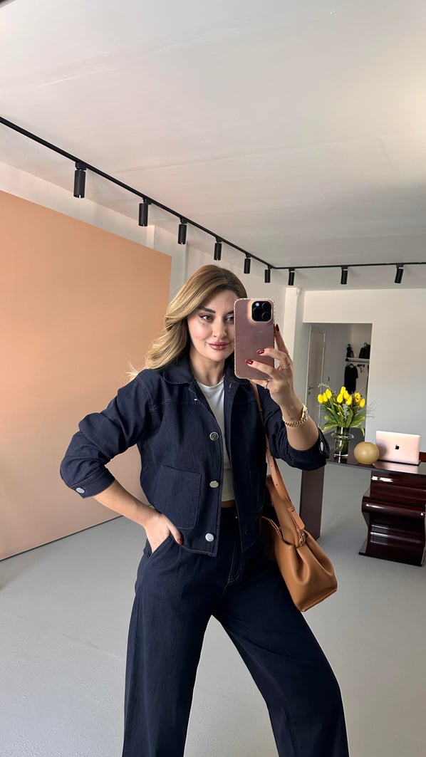Piliseli Lacivert Likralı Denim Palazzo Pantolon