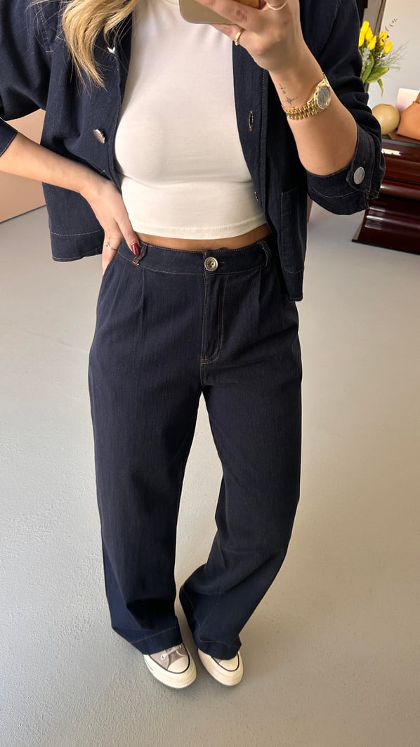 Piliseli Lacivert Likralı Denim Palazzo Pantolon