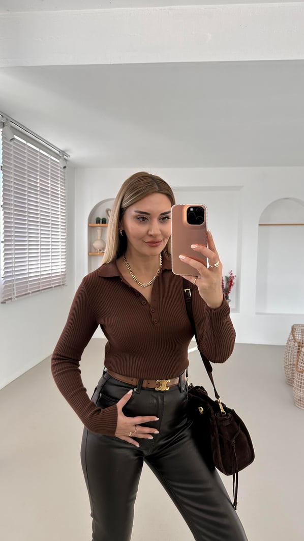 Polo Yaka Düğme Detay Fitilli Acı Kahve Triko Bluz