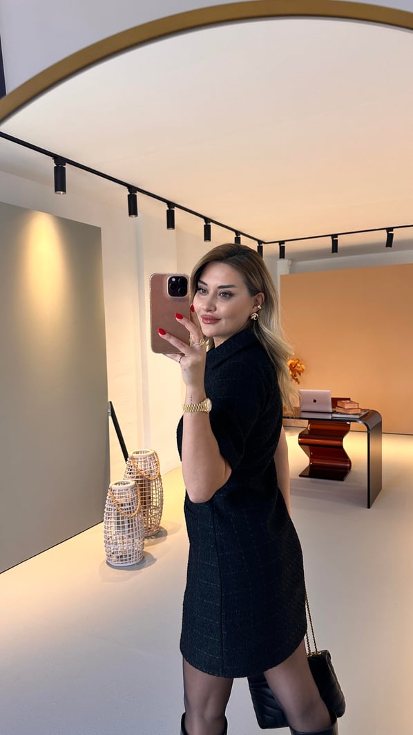 Polo Yaka Gold Düğmeli Kısa Kol Siyah Tüvit Elbise