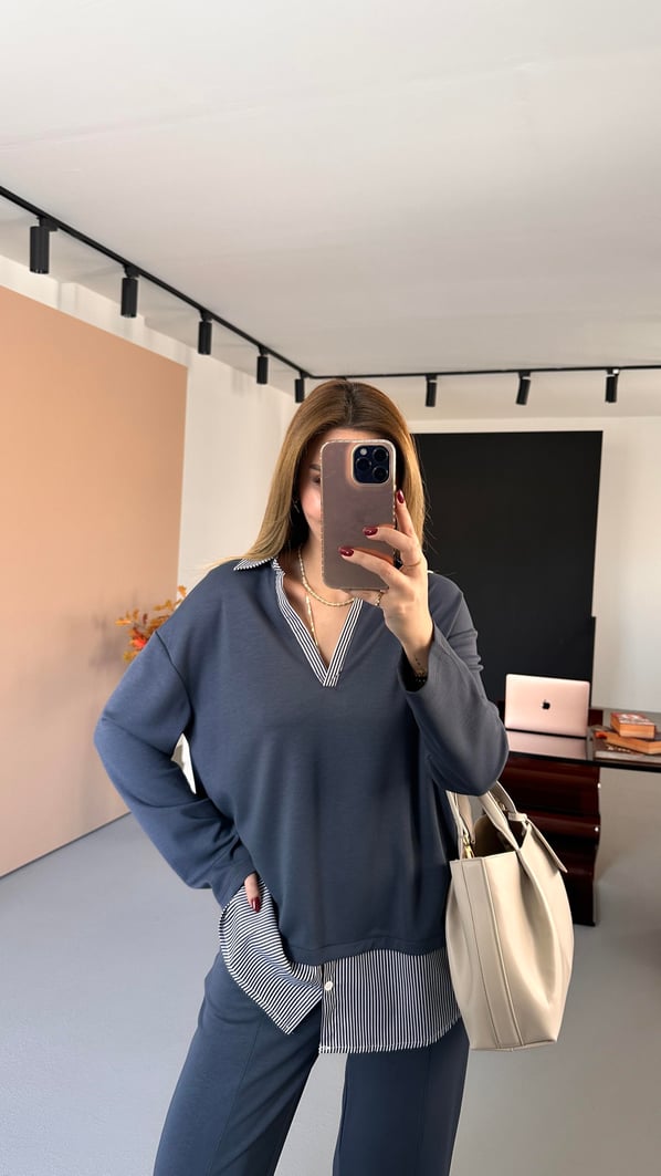 Poplin Detay Antrasit Modal Sweat Pantolon Takım