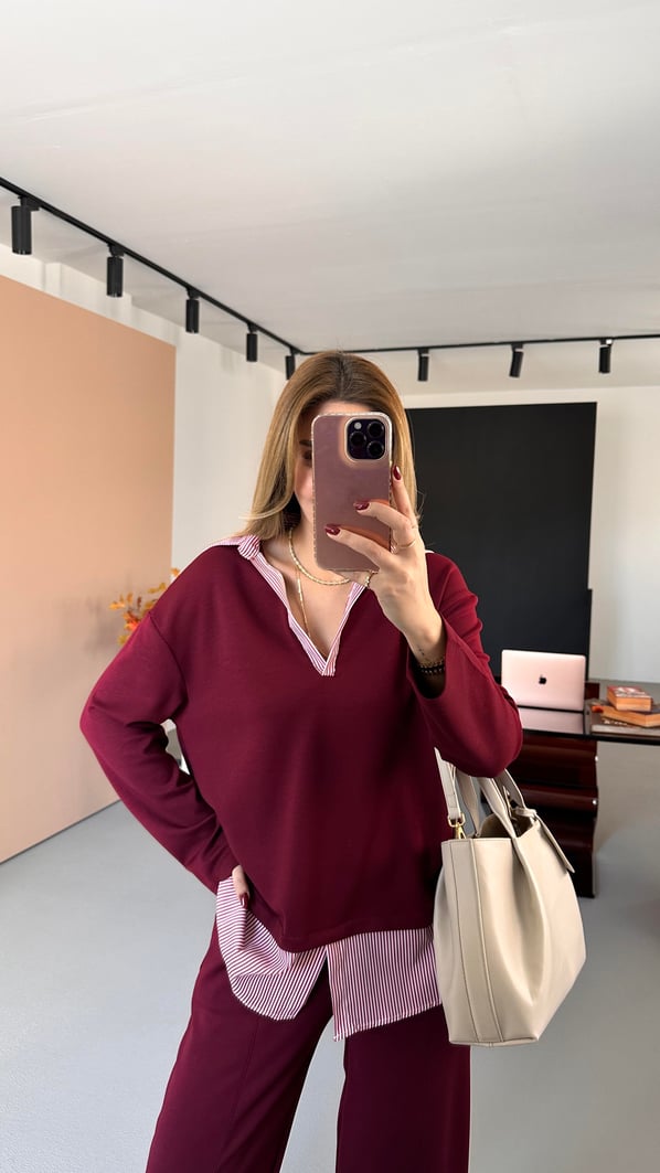 Poplin Detay Bordo Modal Sweat Pantolon Takım