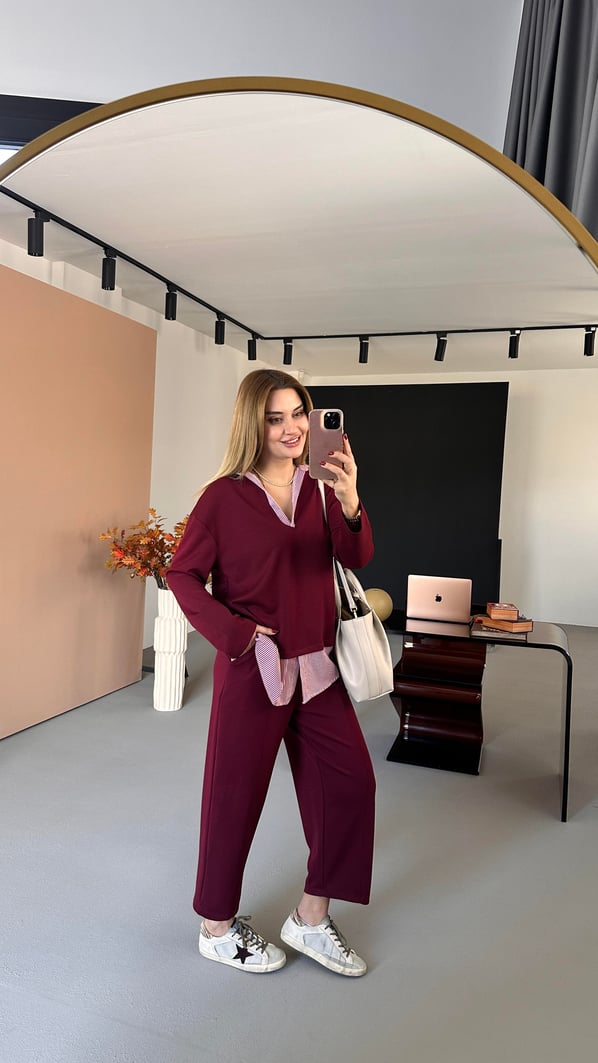Poplin Detay Bordo Modal Sweat Pantolon Takım