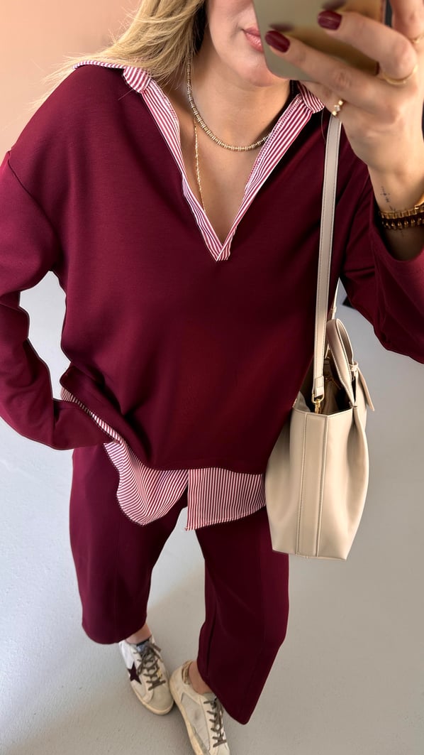 Poplin Detay Bordo Modal Sweat Pantolon Takım