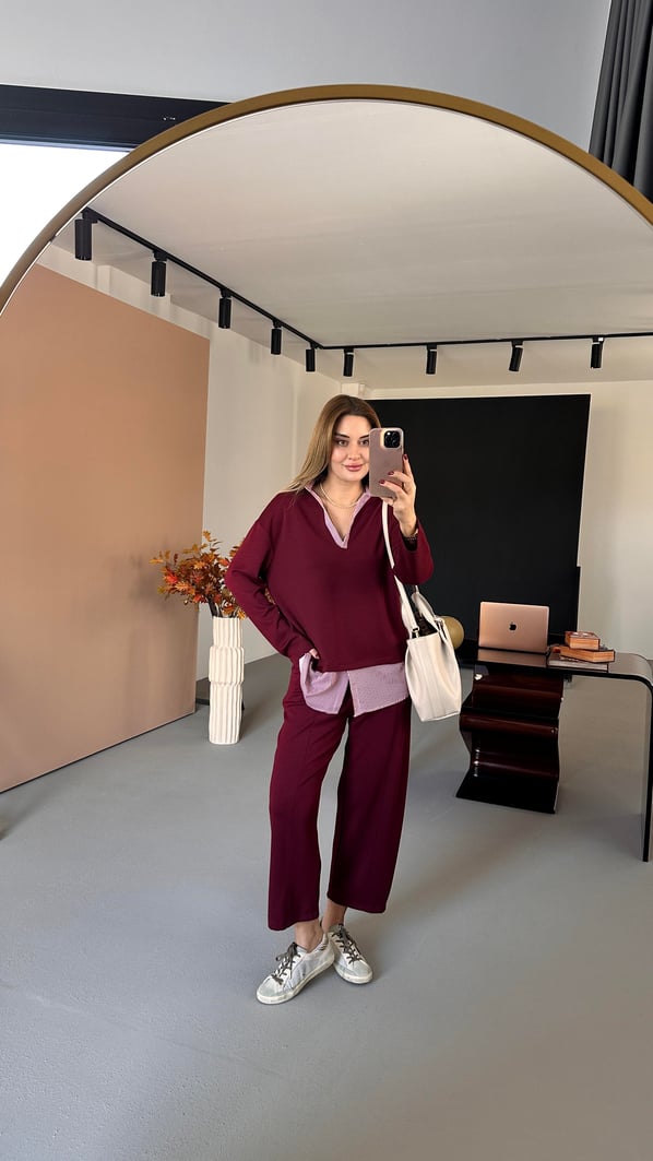 Poplin Detay Bordo Modal Sweat Pantolon Takım