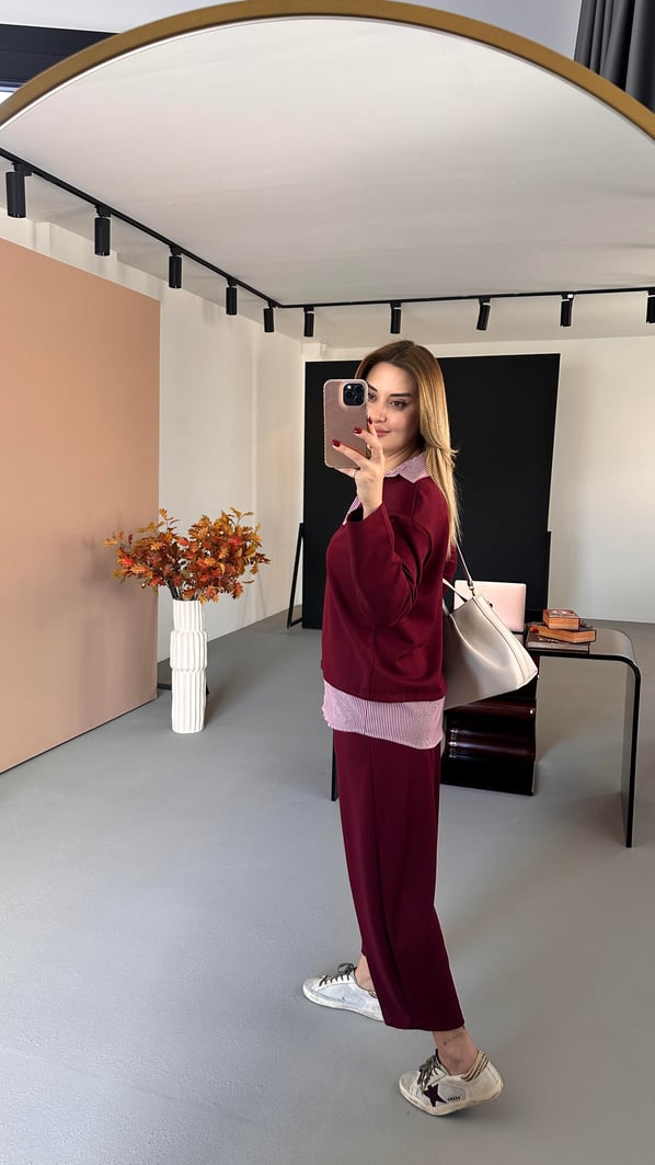 Poplin Detay Bordo Modal Sweat Pantolon Takım