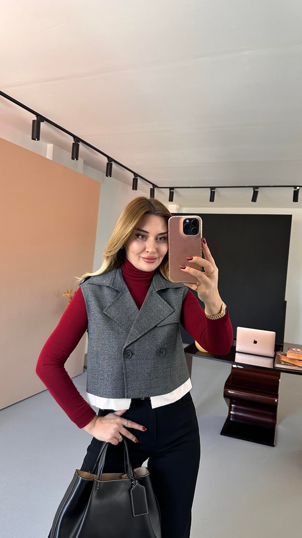 Poplin Detay Ekoseli Gri Yelek