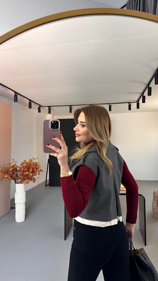 Poplin Detay Ekoseli Gri Yelek