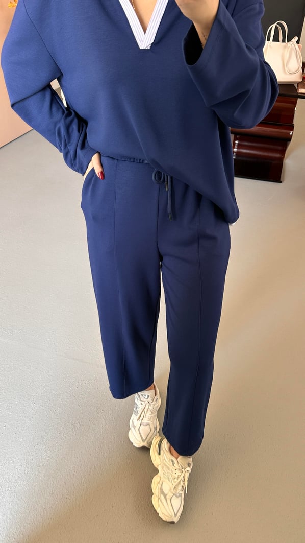 Poplin Detay Lacivert Modal Sweat Pantolon Takım