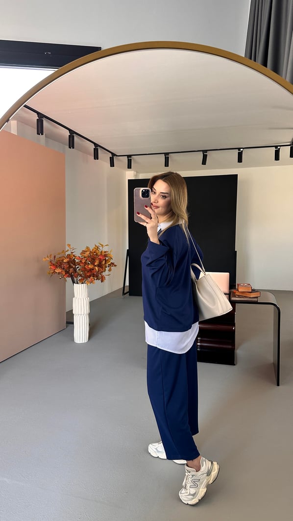 Poplin Detay Lacivert Modal Sweat Pantolon Takım