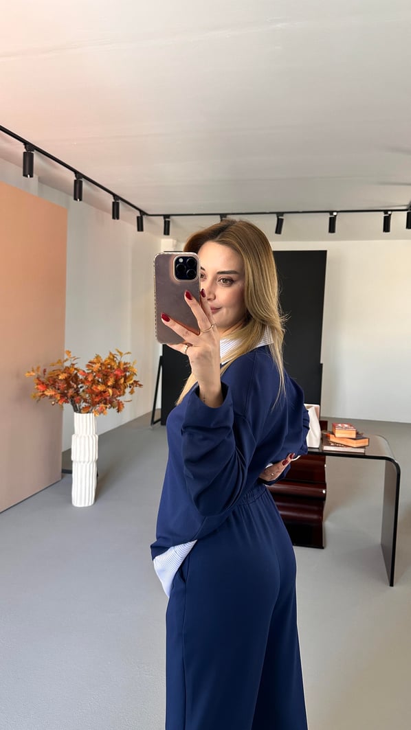 Poplin Detay Lacivert Modal Sweat Pantolon Takım