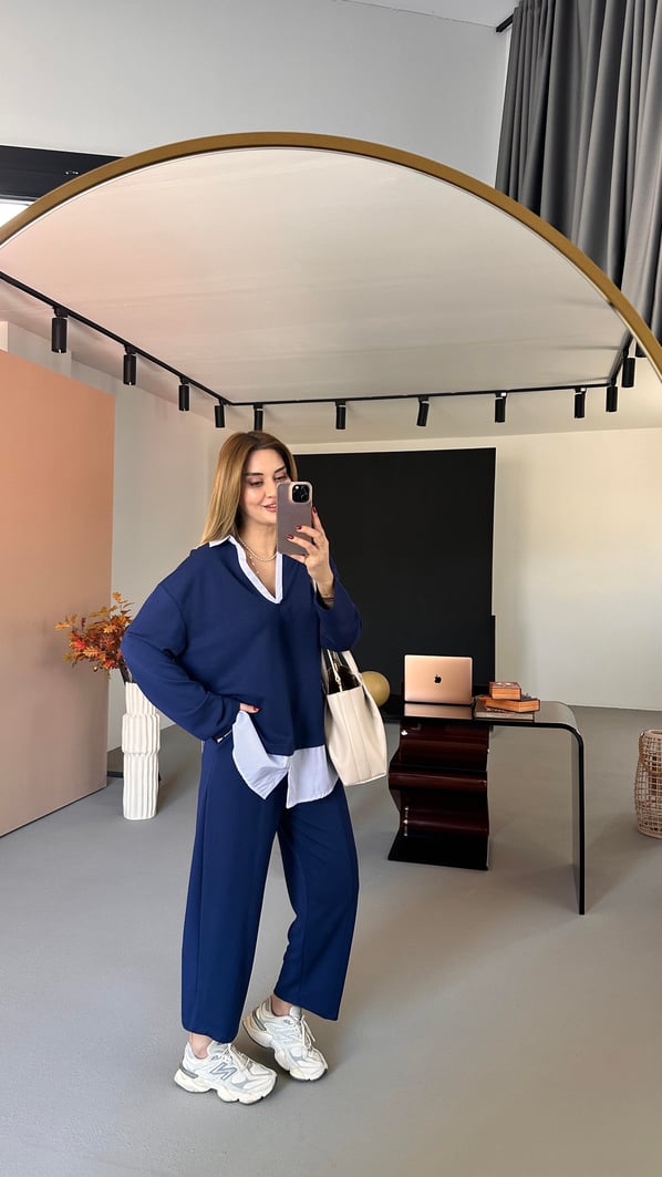 Poplin Detay Lacivert Modal Sweat Pantolon Takım