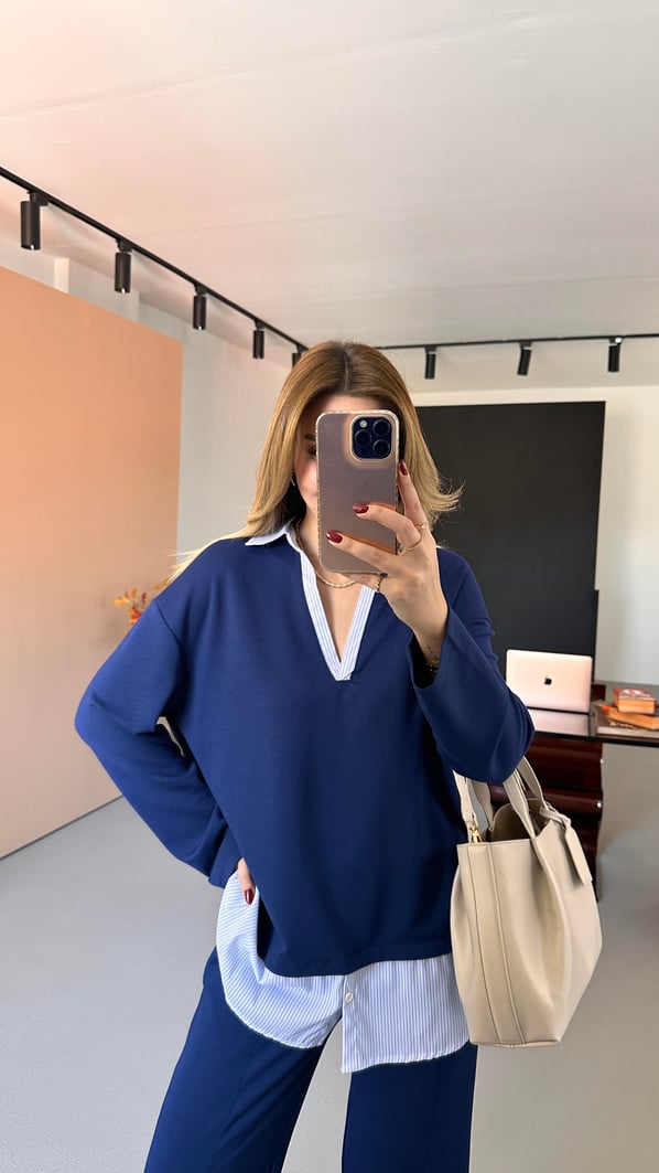 Poplin Detay Lacivert Modal Sweat Pantolon Takım