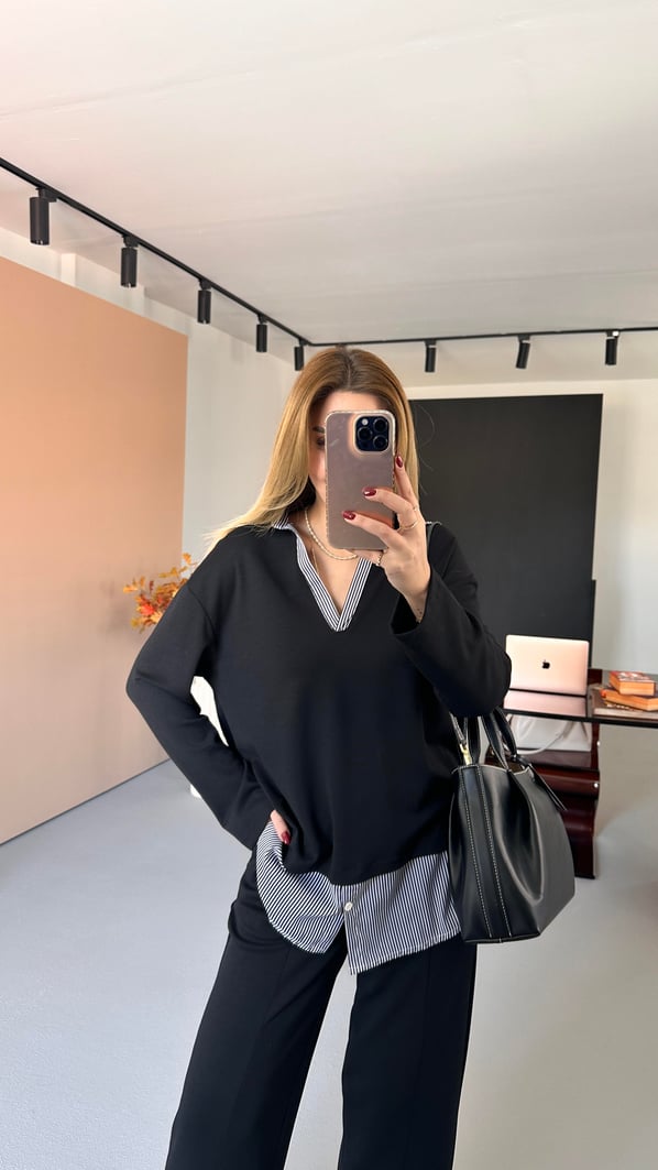 Poplin Detay Siyah Modal Sweat Pantolon Takım