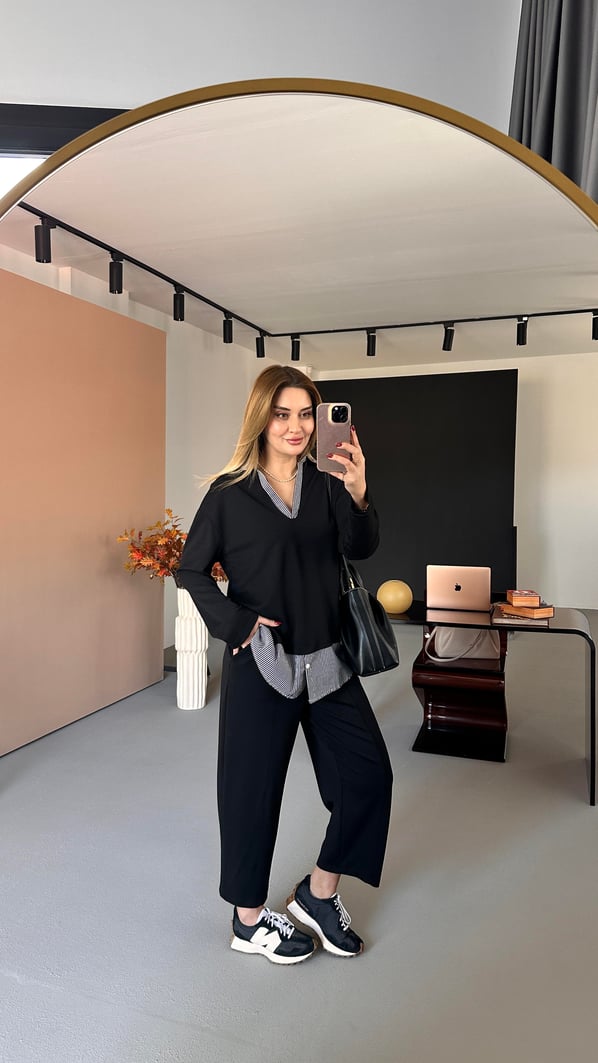 Poplin Detay Siyah Modal Sweat Pantolon Takım