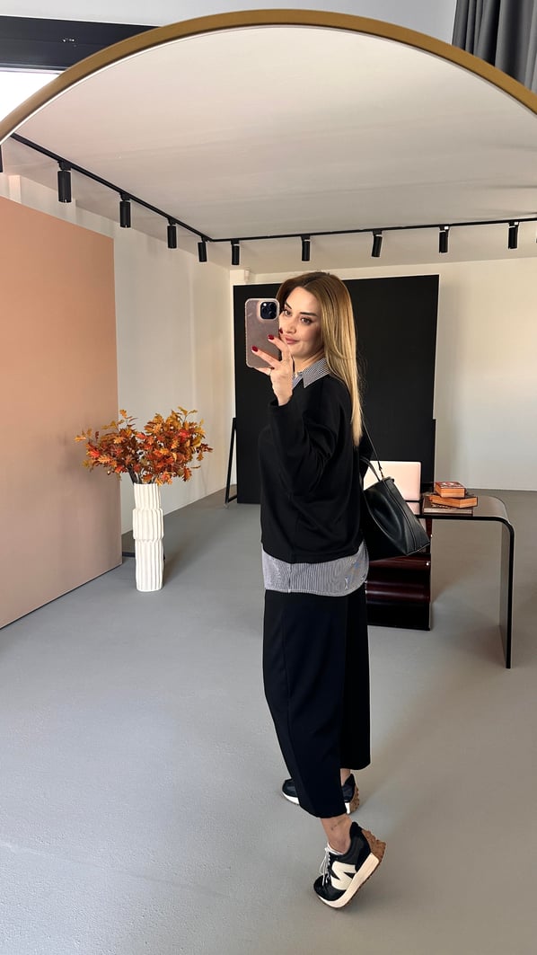 Poplin Detay Siyah Modal Sweat Pantolon Takım