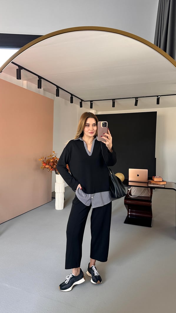 Poplin Detay Siyah Modal Sweat Pantolon Takım